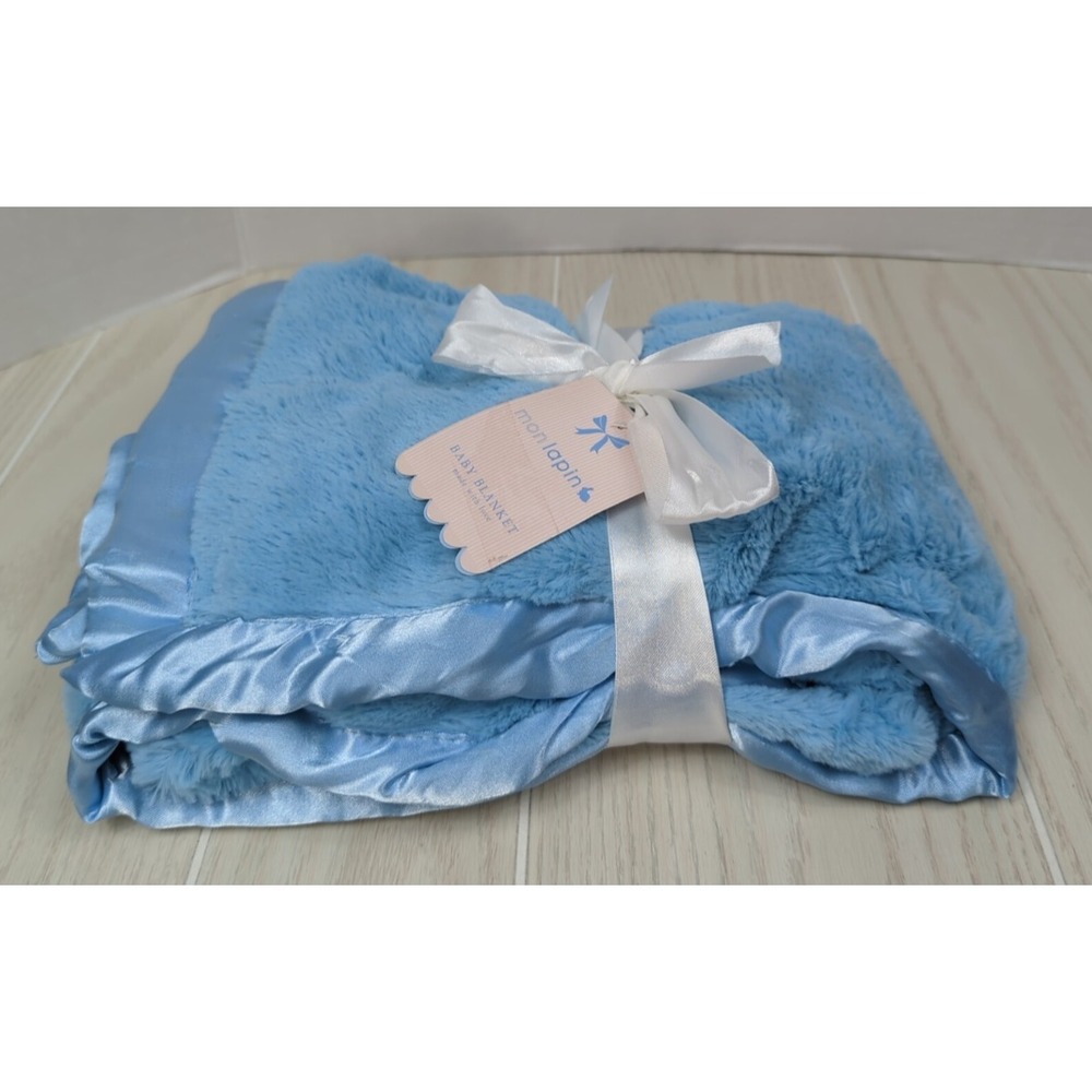 Mon Lapin Plush Luxe blue baby blanket satin trim NEW SNAGGED SATIN FLAW